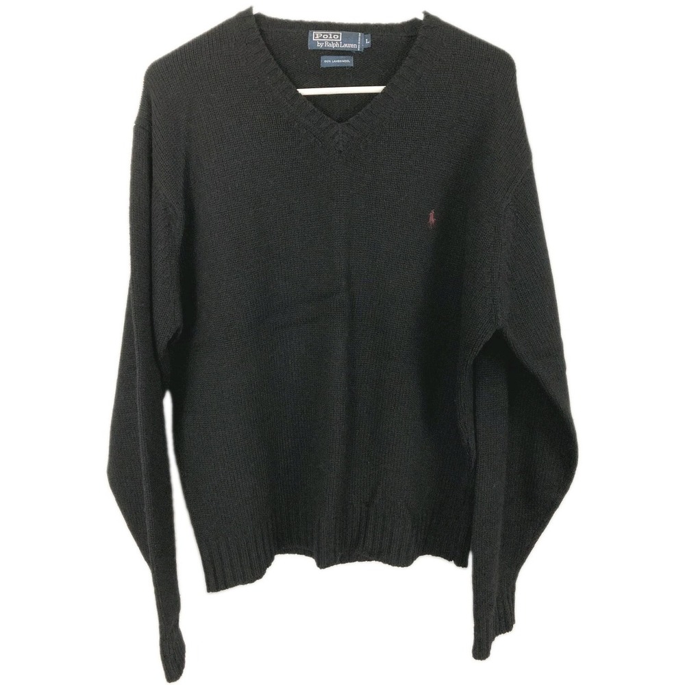 Vtg. Polo Ralph Lauren Sweater Men L Blk Lambswool Vneck Knit Hong Kong Red Pony